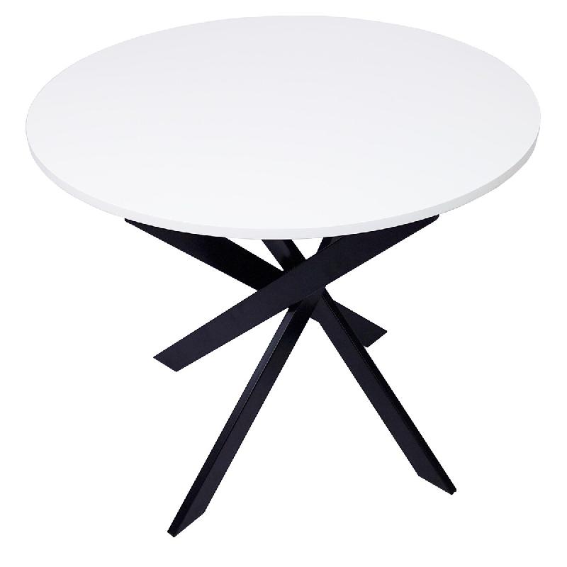 Skraut Home, Table à manger ronde fixe ZEN, 90x90x77cm, Capacité jusqu'à 4 personnes, Couleur blanc mat, Pieds métalliques couleur noir laqué mat_0