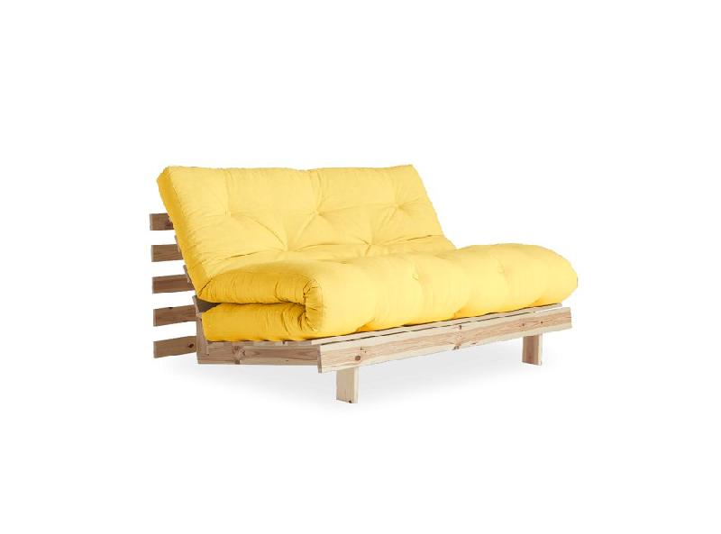 CANAPÉ CONVERTIBLE FUTON ROOTS PIN NATUREL COLORIS JAUNE COUCHAGE 140*200 CM._0