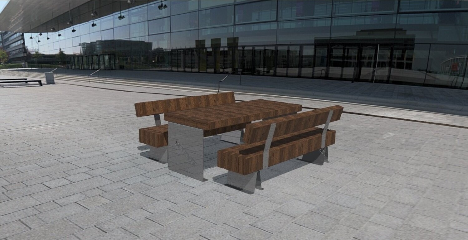 Table avec bancs en acier inoxydable et bois Classe IV - Référence MUB18 - Design traverses en bois, avec ou sans dossier_0