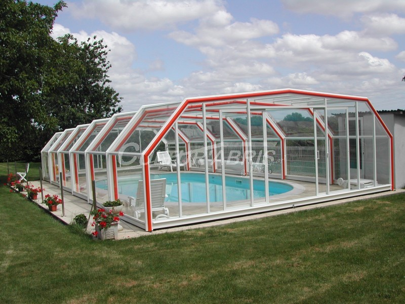 Abri piscine haut Romane - télescopique, motorisé, en aluminium T6 et inox 316L avec toit en polycarbonate cristal_0