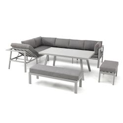 DCB GARDEN - Ensemble repas de jardin 9 places en aluminium gris - ANTALYA - table, canapé, méridienne et bancs_0
