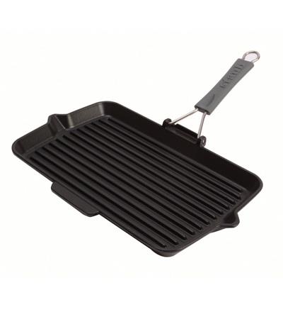 Gril rectangle en fonte Staub - 34x21 cm - manche en silicone - coloris noir_0