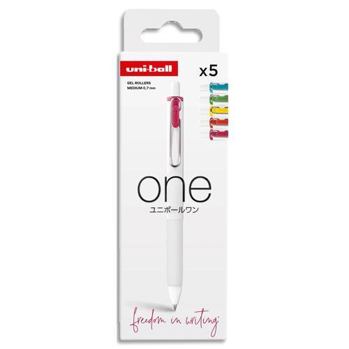 SET DE 5 UNI-BALL ONE ROLLER ENCRE GEL RETRACTABLE - 0,7 MM - COLORIS ASSORTIS - ECRITURE MOYENNE
