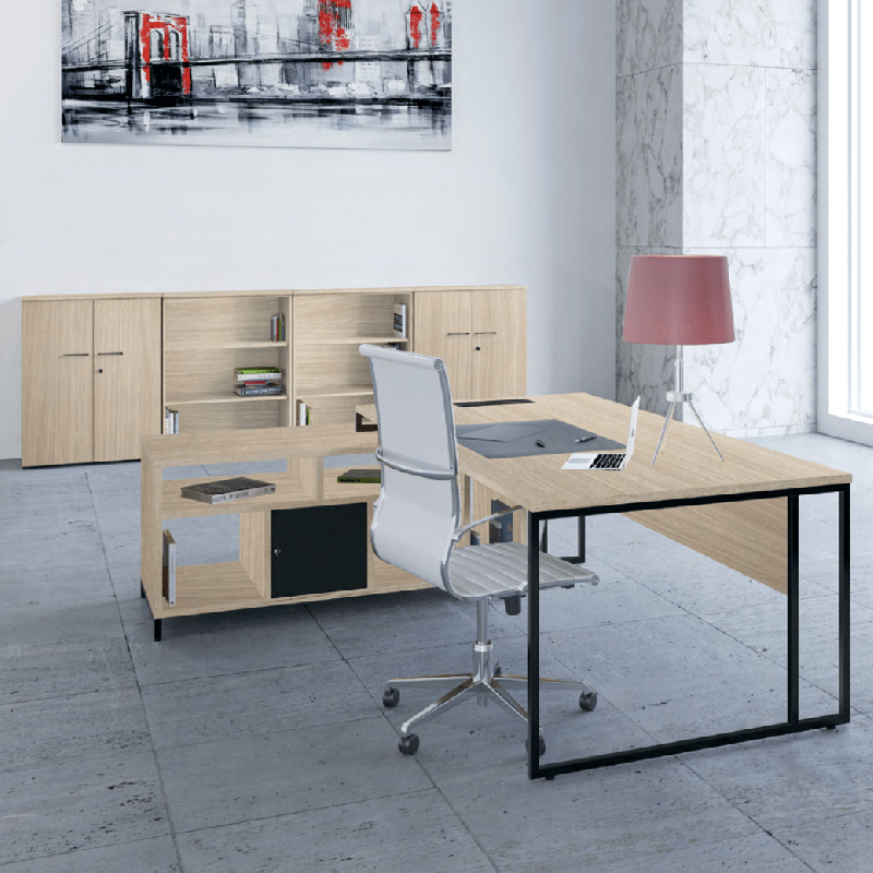 Bureau de direction moderne et vintage - Stricto - Buronomic avec plan spacieux et meuble de rangement intégré_0
