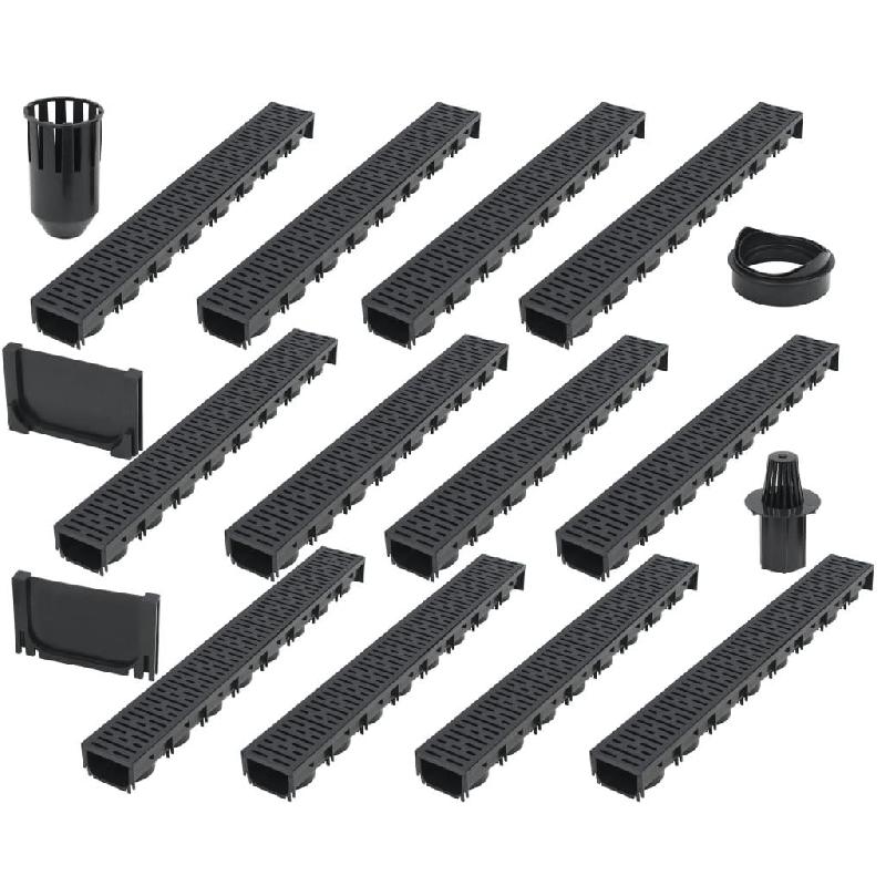 Caniveaux de drainage 12 pcs en plastique noir - 12 m avec grilles, système de filtration et accessoires_0