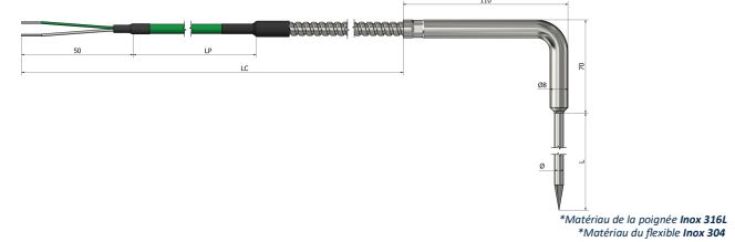 Thermocouple à piquer - Sortie flexible de prolongation (angle 90°) - Types K, N, J, T, E, R, S, B - Classe 1 ou 2 - Différents diamètres et câbles_0