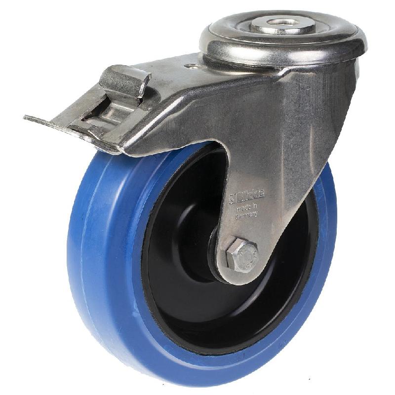 Roulette pivotante/frein de 125mm en acier inoxydable avec caoutchouc élastique bleu sur centre en nylon_0