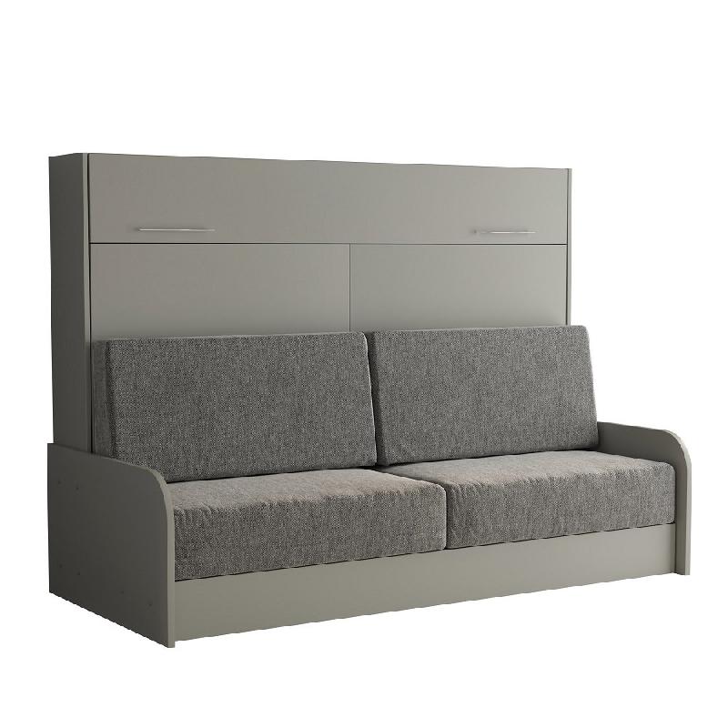 Armoire-lit escamotable VERTIGO SOFA - accoudoirs bois gris - canapé tissu gris - couchage 140x200 cm_0