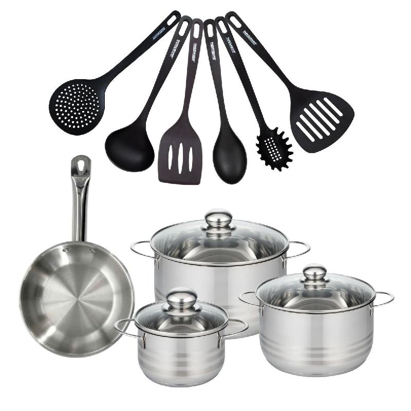 Batterie de cuisine avec 1 poêle 20 cm et 3 faitouts 16/20/24 cm avec 6 ustensiles de cuisine sans PFAS Fackelmann Etherna Brillant Fenix - gris inox_0