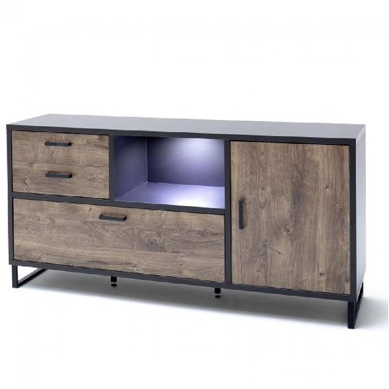 Buffet HALTON - 2 tiroirs, 1 porte, 1 abattant, décor chêne gris cosmos - style industriel avec éclairage LED_0