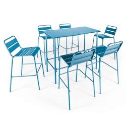 Ensemble table haute et 6 chaises de terrasse en métal Palavas - Oviala Business - bleu pacific - acier thermolaqué, finition anti-rouille et anti-UV_0
