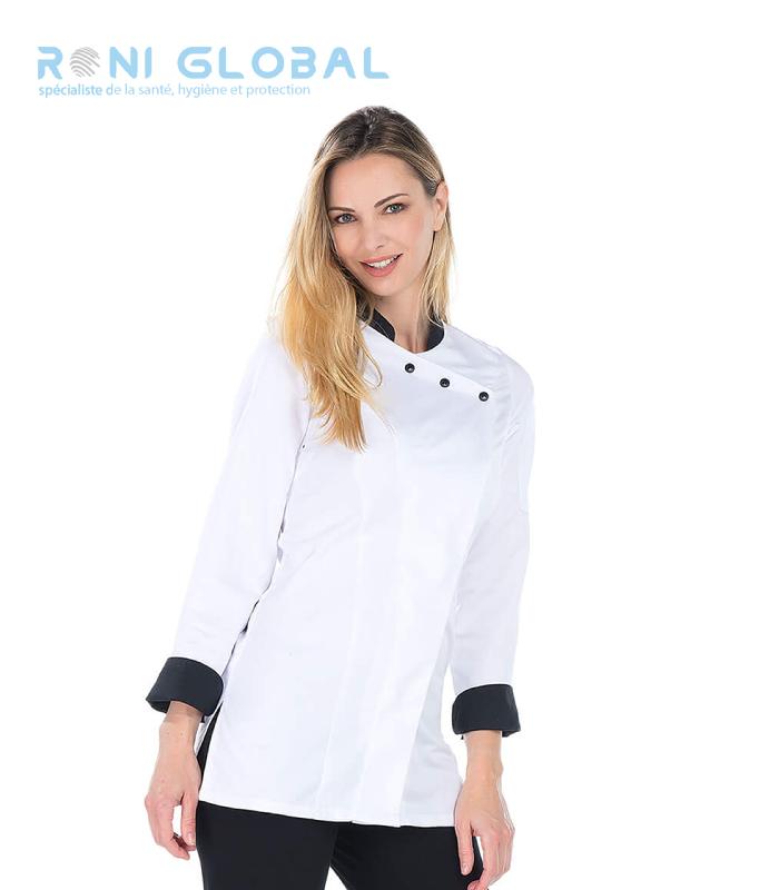 Veste de cuisine blanche femme manches longues en coton et polyester - 2 poches - Julienne Remi Confection_0