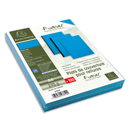 PLATS DE COUVERTURES RIGIDES EXACOMPTA FOREVER - 270 G - A4 - GRAIN CUIR - CERTIFIE ANGE BLEU - BLEU - PAQUET DE 100