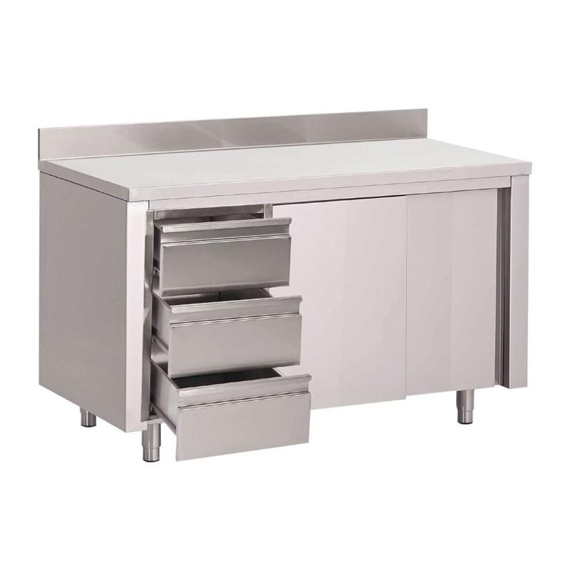 Table armoire inox avec dosseret 3 tiroirs à gauche et portes coulissantes 1800x700x880mm - DS444_0