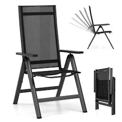 HELLOSHOP26 - Chaise de jardin pliante en alliage d'aluminium dossier inclinable réglable patins antidérapants tissu en maille+éponge noir 20_00081_0