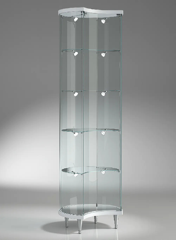 Vitrine cylindrique colonne demi-lune 203/MLVA - blanc poli - LED, 4 tablettes réglables, base miroir_0