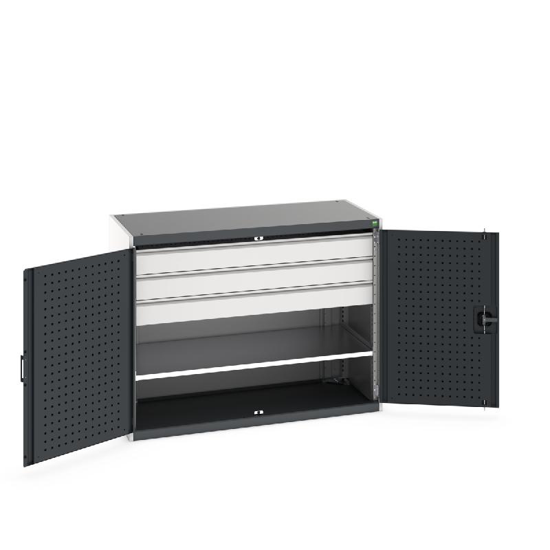 Armoire d'atelier Cubio SMF-13610 - Portes Perfo - 2 Tablettes - 3 Tiroirs - LxPxH: 1300x650x1000mm_0