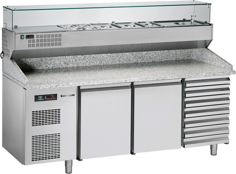 BPZ207A - Table à pizza réfrigérée Angelo Po - 371 kg - plan de travail en granit et vitrine réfrigérée_0