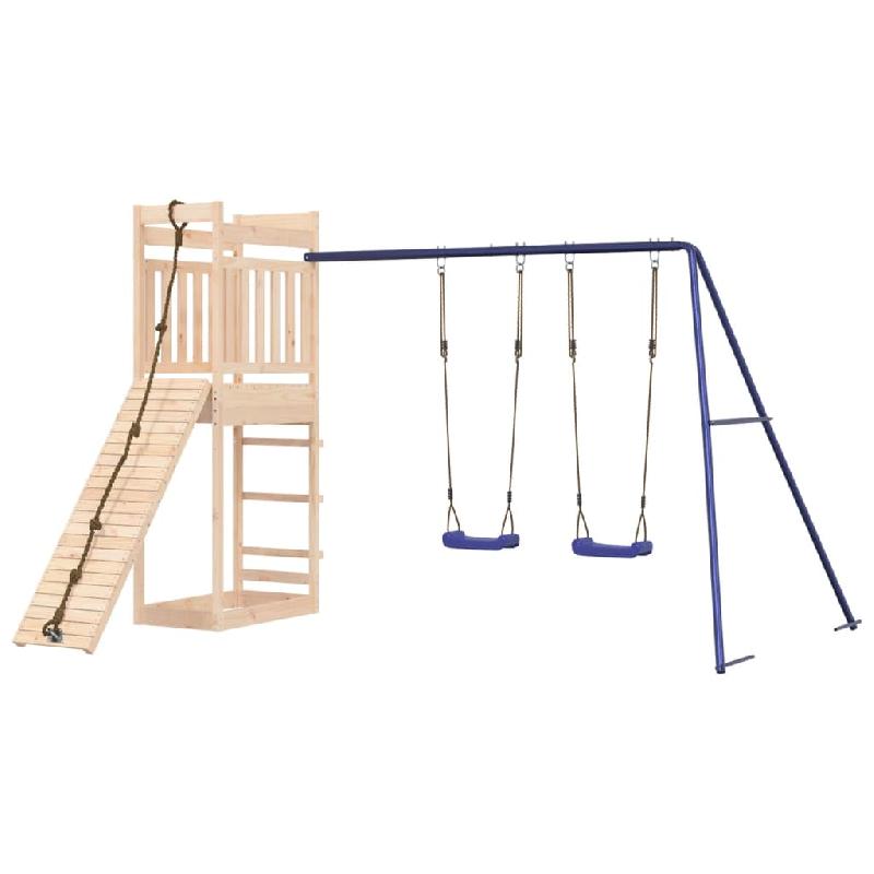 Ensemble de jeu d'extérieur en bois de pin massif - 314 x 256 x 207 cm - Mur d'escalade, double balançoire, bac à sable - 02_0004948_0