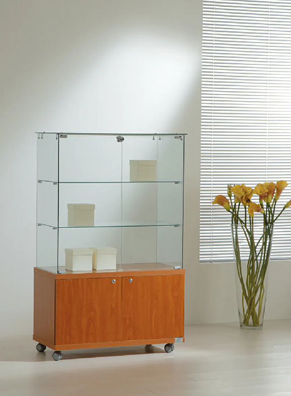 Vitrine d'exposition en verre trempé 8/14MVA - hauteur 140 cm - cerisier - meuble de rangement avec serrure_0