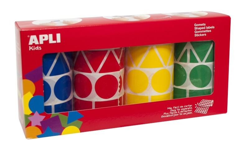 Apli Pack de 4 x 1357 gommettes géométriques, diam. 27 mm, en rouleau, coloris assortis - 8410782107538_0
