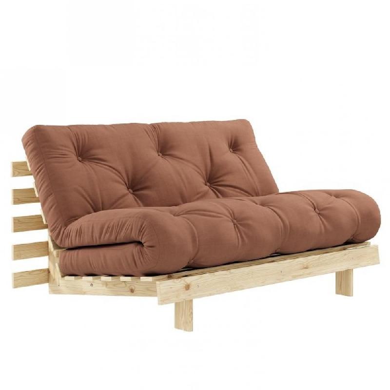 CANAPÉ CONVERTIBLE FUTON ROOTS PIN NATUREL TISSU BRUN ARGILE COUCHAGE 140*200 CM._0