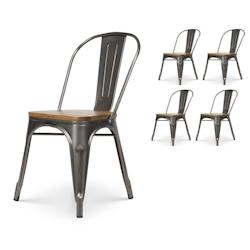 Kosmi Lot de 4 chaises en métal brut aspect galvanisé et assise en bois clair - Style industriel - gris 3760301692362_0
