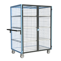 Servante grillagée 4 côtés, verrouillable, avec 3 étagères, plateau bois, 1200 x 800 mm, 250 kg_0