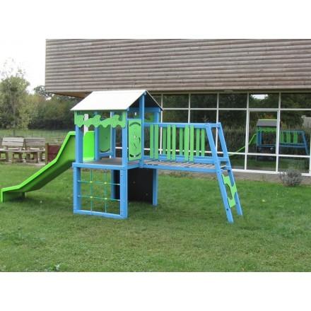 Structure multi-jeux Gymino en aluminium - glissière, mur d'escalade, filet à grimper et pont rigide_0