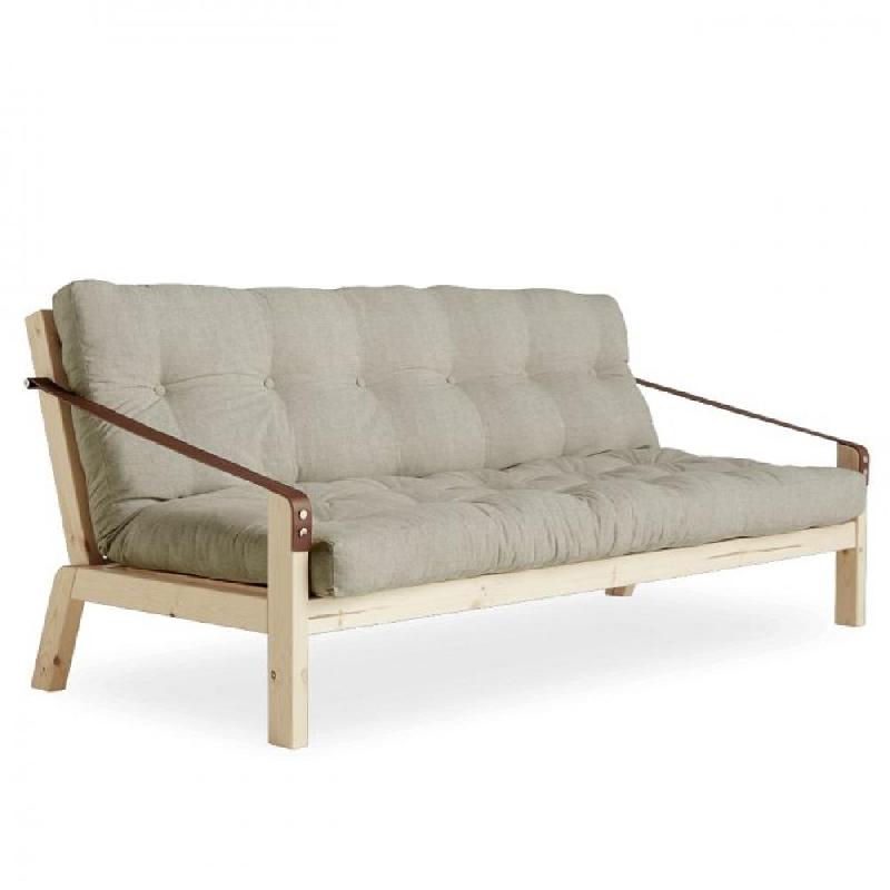 BANQUETTE FUTON POETRY EN PIN MASSIF TISSU LIN COUCHAGE 130 X 190 CM._0