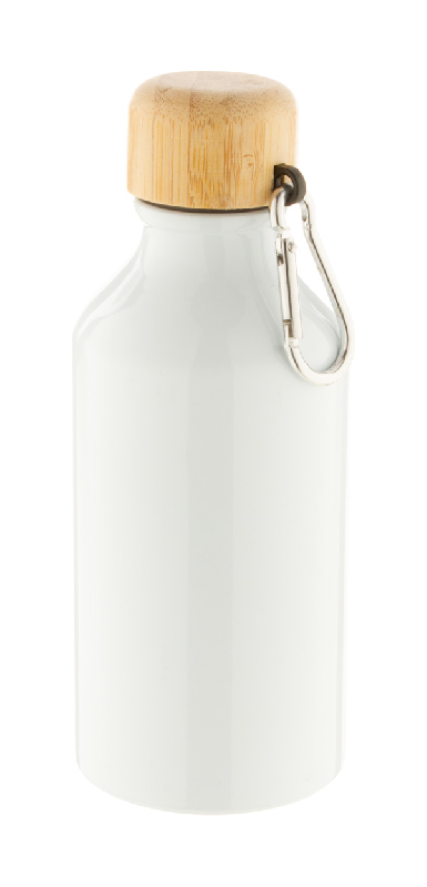 Bouteille en aluminium - 400 ml - Couvercle bambou et mousqueton - Couleur blanche_0
