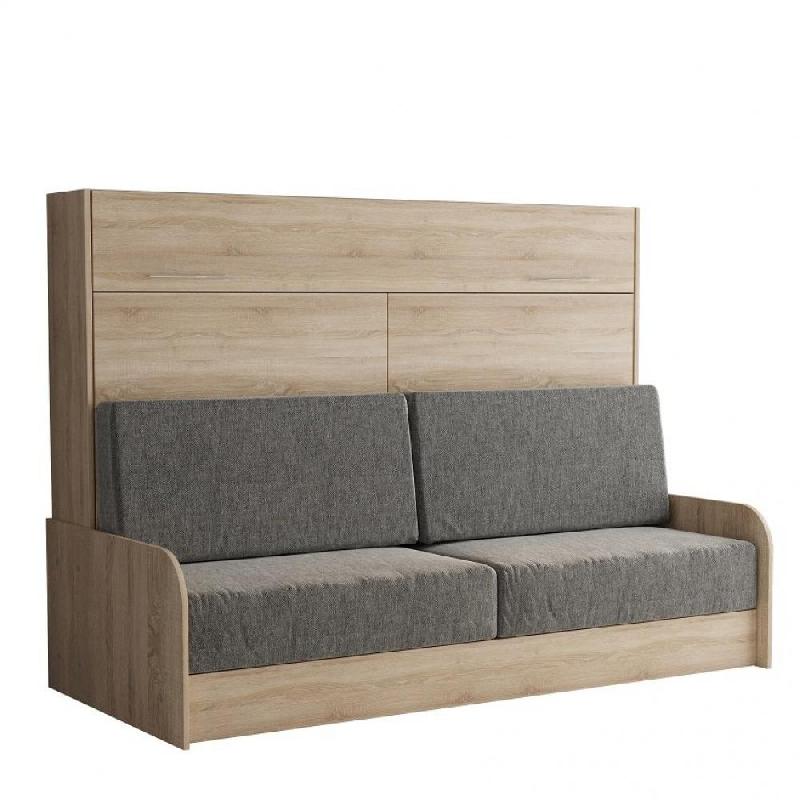Armoire-lit escamotable VERTIGO SOFA - Accoudoirs chêne naturel - Canapé tissu gris - Couchage 140x200 cm_0