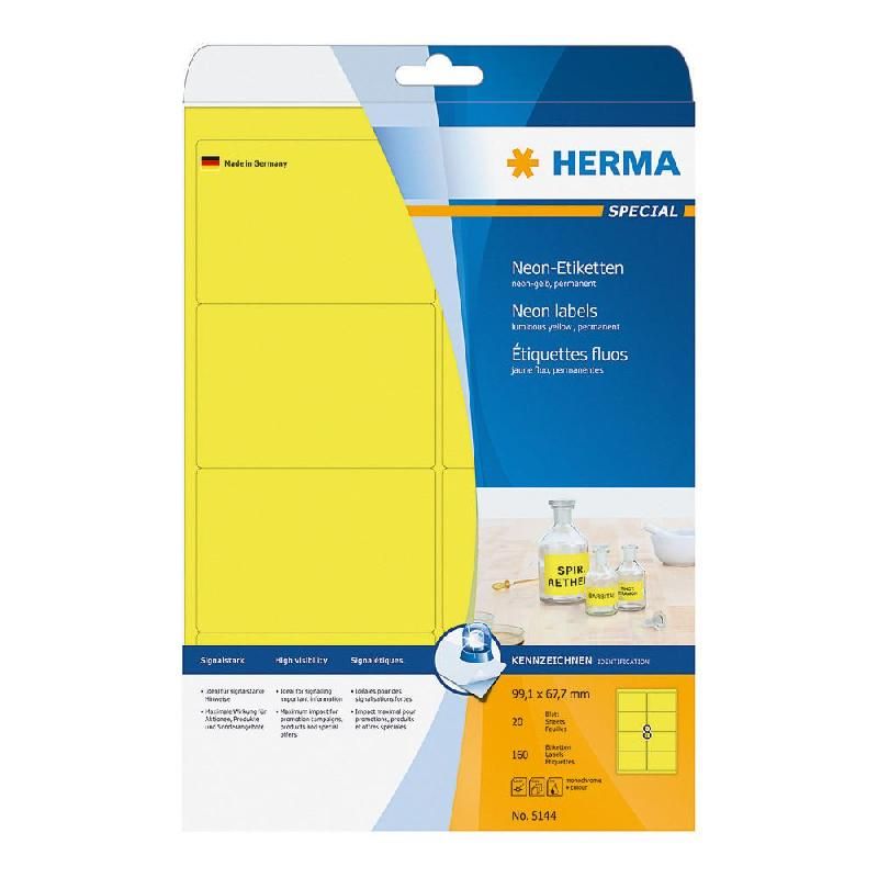 HERMA ETIQUETTES ADHÉSIVES FLUO HERMA - 99,1 X 67,7 MM - JAUNE FLUO - BOÎTE DE 160 ÉTIQUETTES