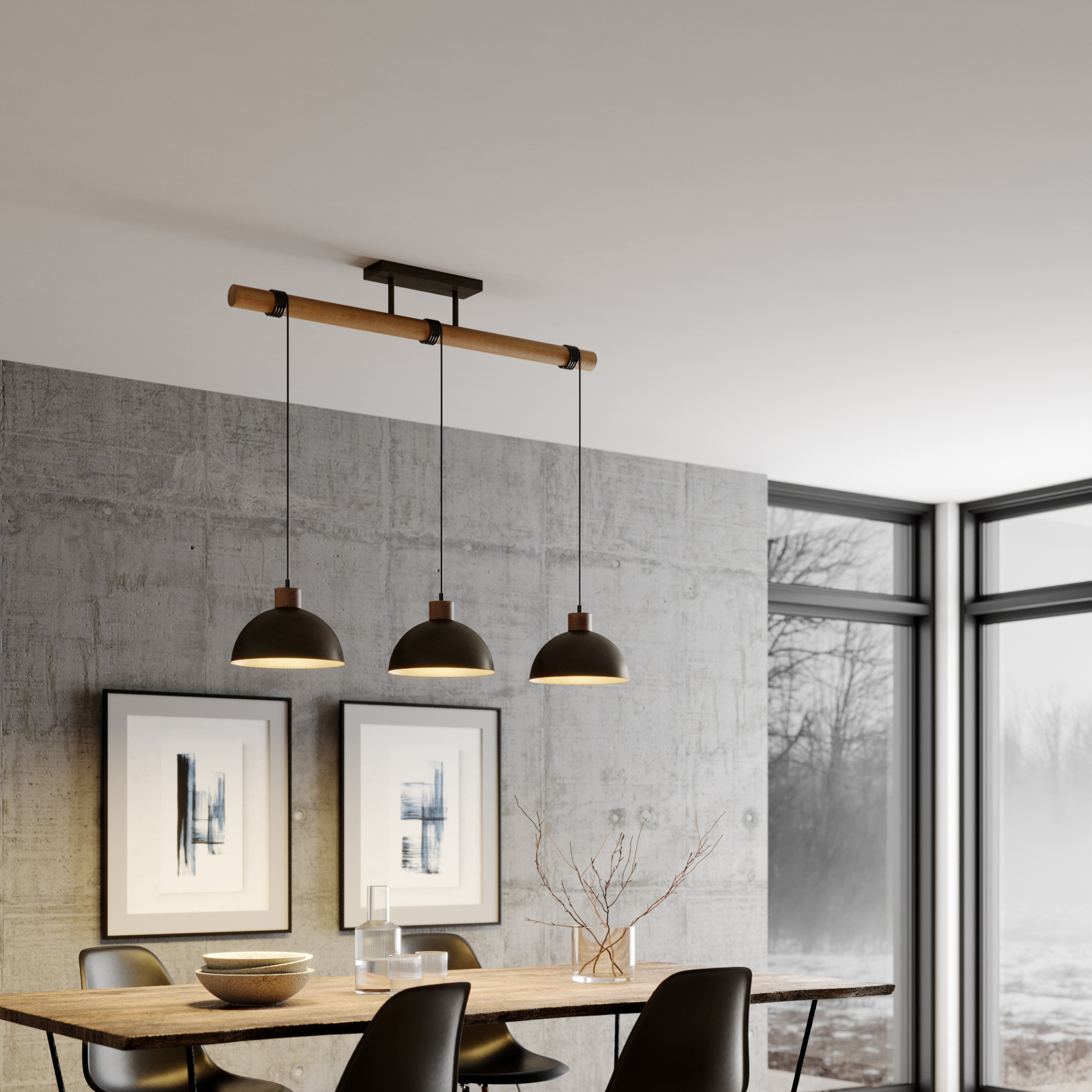 LINDBY SUSPENSION HOLGAR, GRIS, 3 LAMPES, BOIS, MÉTAL, E27