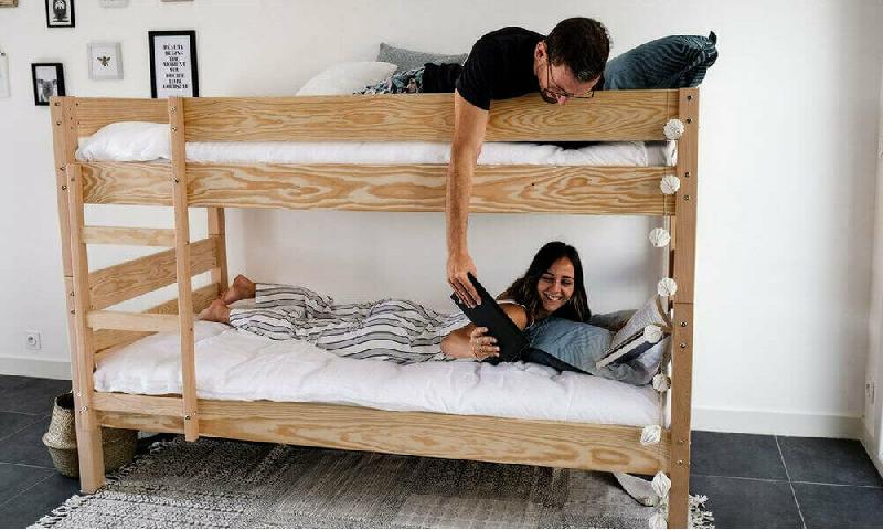 PACK LIT SUPERPOSÉ CROSS + 2 MATELAS  BOIS NATUREL 90X190 CM/OPT:MATELAS ELBE HD