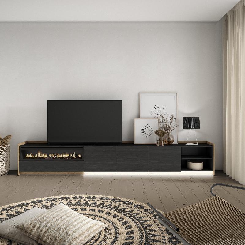 SKRAUT HOME - MEUBLE TV EFFET BOIS NOIR ET CHÊNE 310X37X50CM CHEMINÉE EFFET FEU