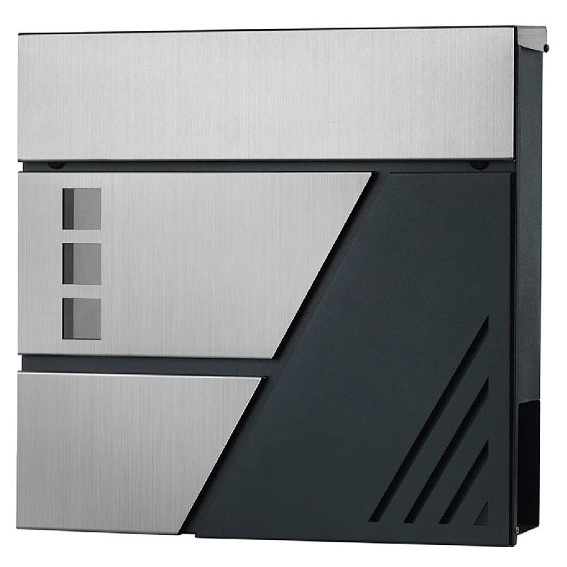 Boîte aux lettres murale en acier inoxydable argent et gris anthracite - fenêtres de visualisation, serrure et clés - 12_0001888_0