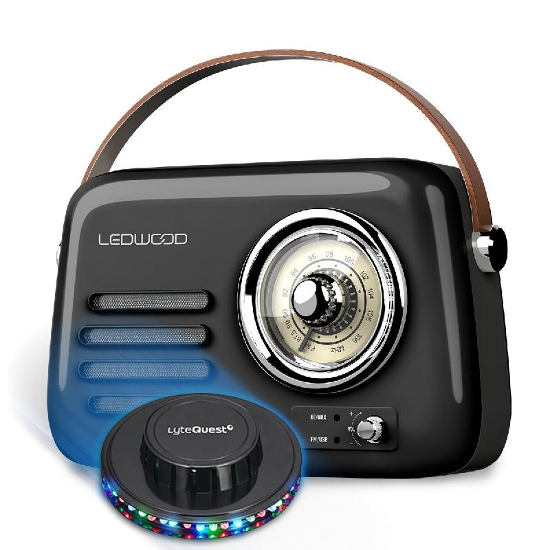 Radio Rétro portable Ledwood ALMA, FM, Bluetooth 5.3 Entrée USB, Puissance 30W, Batterie 1500mAh - Retro Vintage Noir, OVNI LED - 3666638037350_0