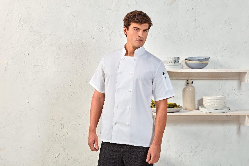 Veste de cuisine manches courtes - Premier - Réf: PR656 - polyester/coton, boutons résine, poches stylos_0