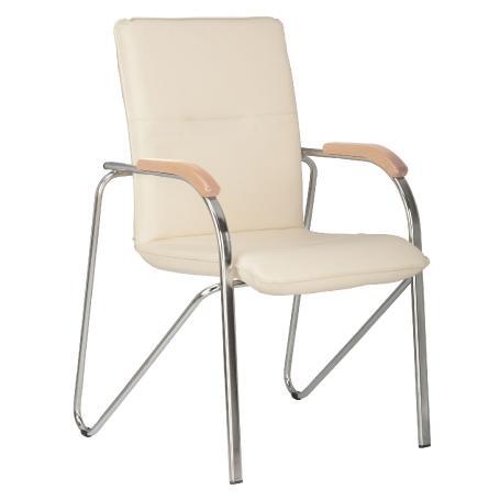 Siège visiteur - Chaise de conférence SAMBA blanche - Design élégant avec pieds courbés et accoudoirs en bois_0