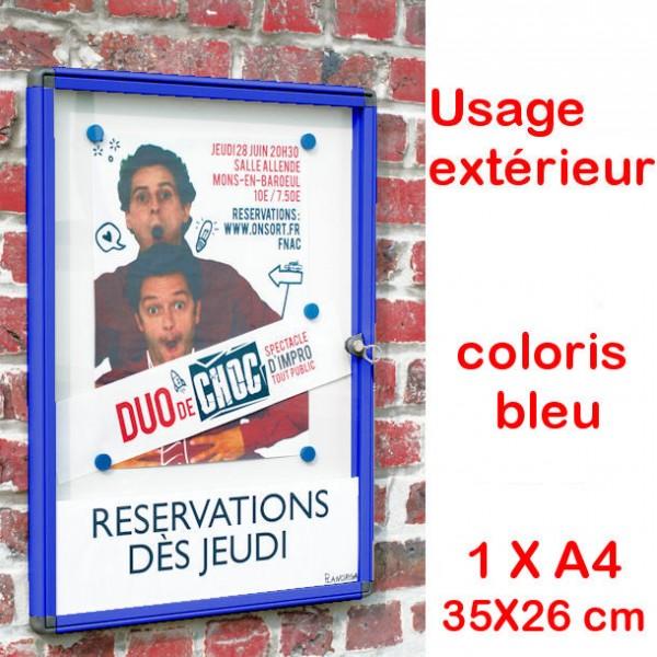 Vitrine extérieure cadre design bleue - vitrage plexi 1 x A4 - étanche avec porte à serrure_0