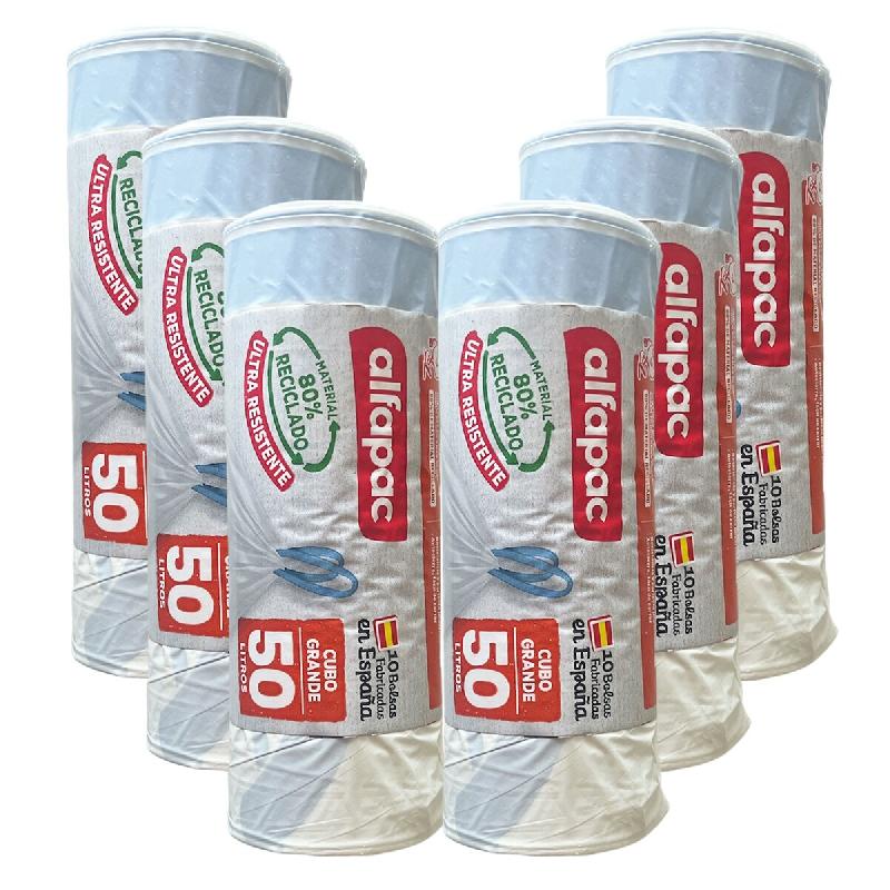 Alfapac - Sacs poubelle à fermeture automatique 50 L 68 x 75 cm, 6 rouleaux x 15 unités (80 % recyclés) - blanc PK6983_0