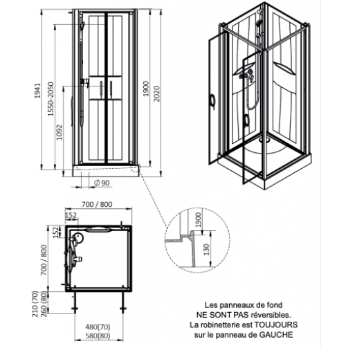 CABINE DE DOUCHE 80X80 CM IZIBOX 2 - PORTES BATTANTES TRANSPARENTES LEDA