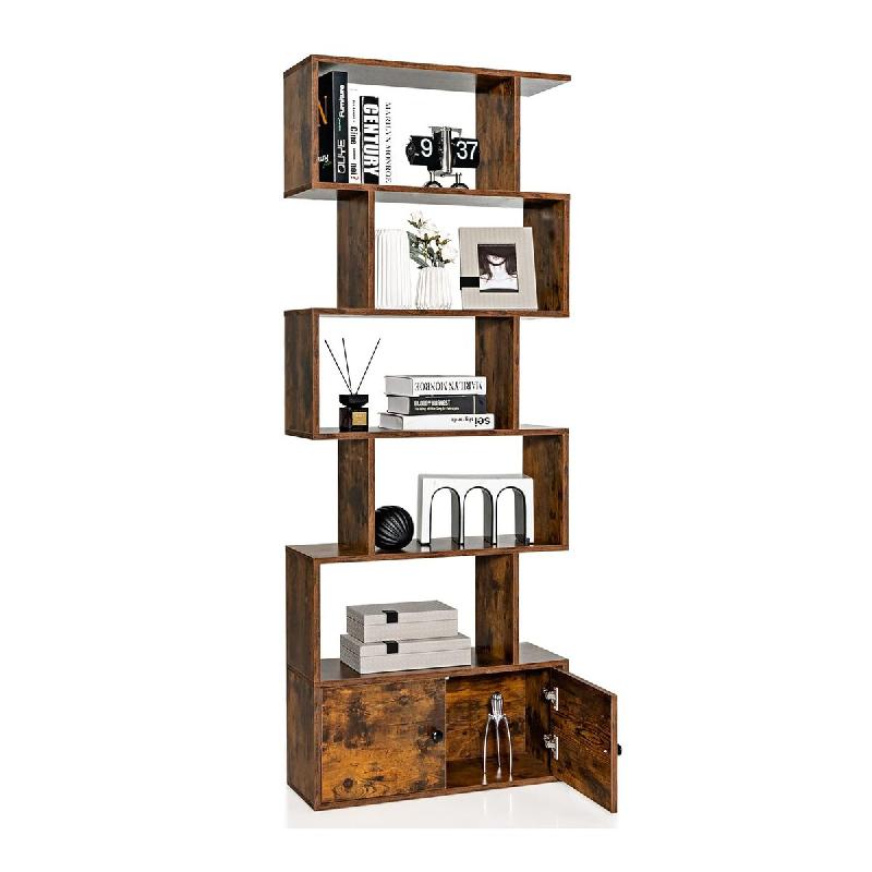 COSTWAY Bibliothèque avec portes, 6 niveaux, bois, séparateur salon/chambre, marron 183x70x23 cm - marron Bois manufacturé ON32644OR_0