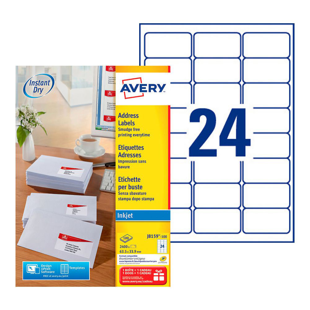 ETIQUETTES AVERY J8159 - JET D'ENCRE - 63,5 X 33,9 MM - BLANC - 24 PLANCHES - BOÎTE DE 2400