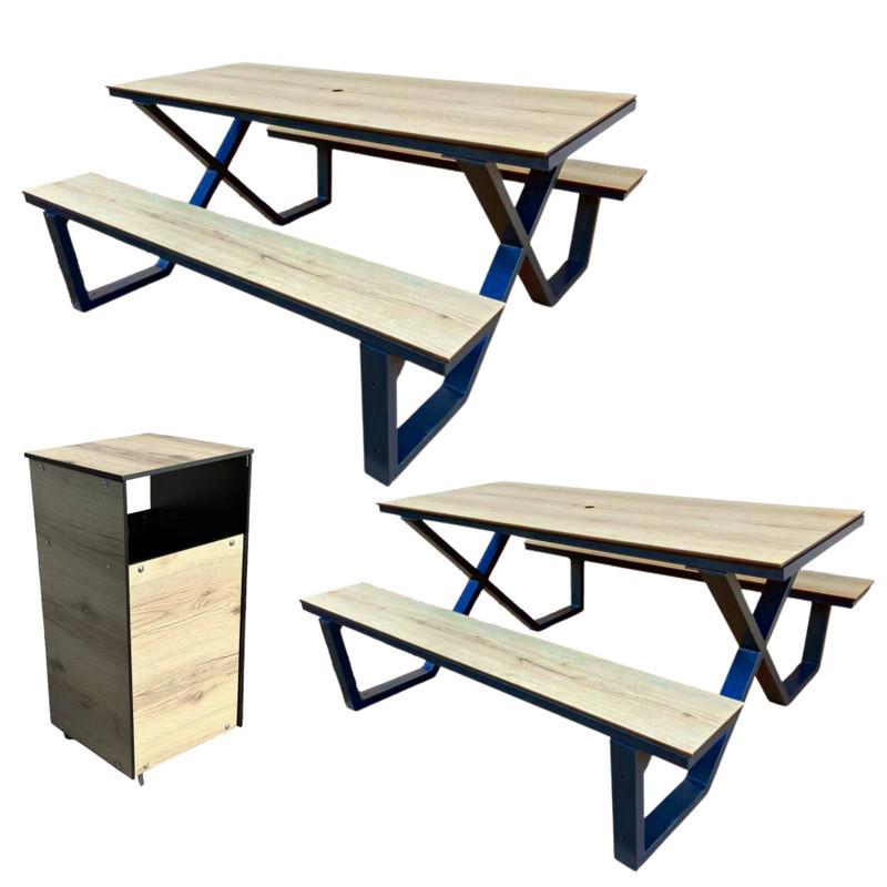 Lot de 2 tables pique-nique HPL + 1 poubelle de ville HPL - matériau recyclé et durable_0