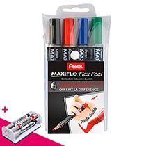 POCHETTE 4 MARQUEURS EFFAÇABLE PENTEL MAXIFLO FLEX POINTE CONIQUE 4,6 MM