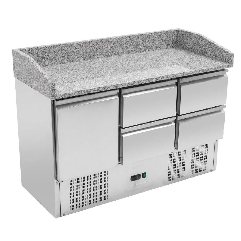 Romux® Table à Pizza Réfrigérée 1 Porte et 4 Tiroirs 140x70 cm avec Plan de Travail en Marbre et capacité 368 litres | Table Réfrigérée pour_0