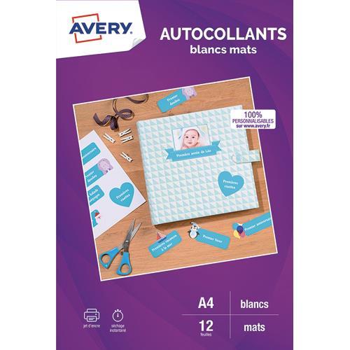 SACHET DE 12 AUTOCOLLANTS AVERY BLANCS MATS A4 - IMPRESSION JET D'ENCRE