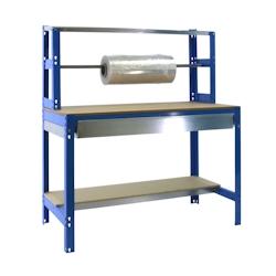 SimonRack Banque de travail sans vis avec étagères en bois et tiroir SIMONWORK BT4 BOX. Couleur BLEU/BOIS 1445x1210x760 mm - bleu métal 8435104932681_0